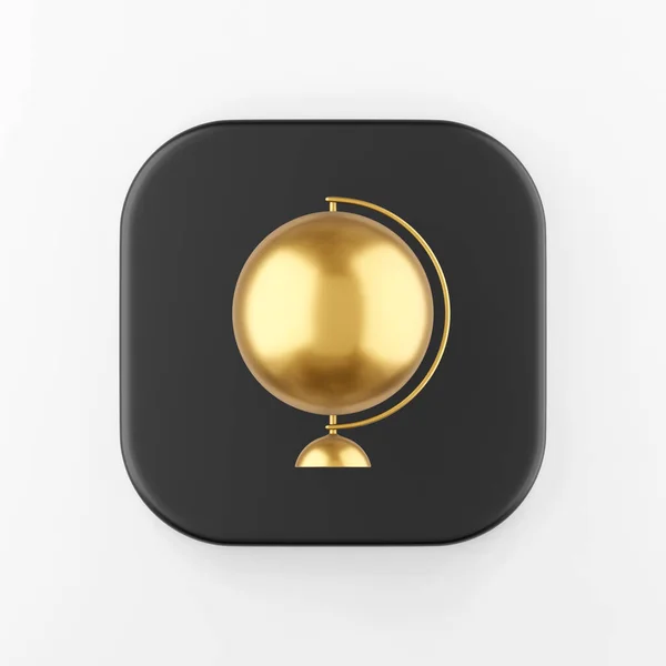 Ícone Globo Minimalista Dourado Estilo Cartoon Renderização Preto Quadrado Botão — Fotografia de Stock