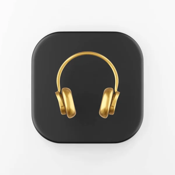 金色耳机图标 3D渲染黑色方键按钮 接口Uux元素 — 图库照片