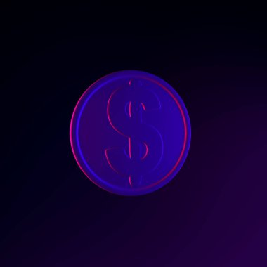 Dolar sikkesi neon ikonu. 3 boyutlu ui ux arayüz ögesi oluşturuluyor. Koyu parlak sembol