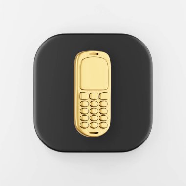 Altın cep telefonu simgesi. 3d oluşturma siyah kare tuş, arayüz ui ux ögesi
