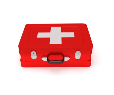 İlk yardım kiti beyaz zemin üzerinde. 3D render