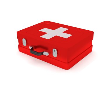 İlk yardım kiti beyaz zemin üzerinde. 3D render