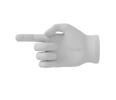 3D beyaz insan eli. Sol veya sağ işaret parmağı. Beyaz arka plan