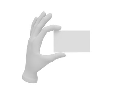 3D beyaz insan açık el bir kartta bulunur. Beyaz arka plan.