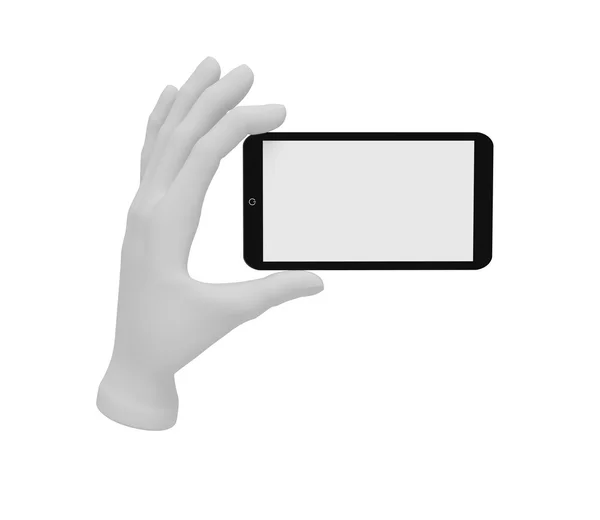 3D λευκό ανθρώπινο χέρι που κρατά ένα φορητό υπολογιστή. Λευκό φόντο. — Φωτογραφία Αρχείου