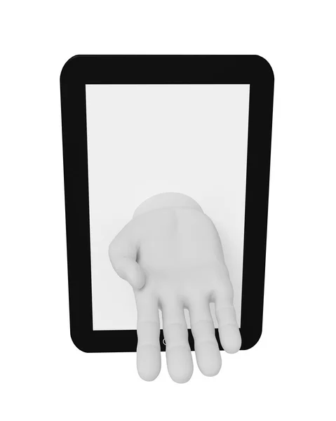 3d white human hand of the screen laptop . White background. — Stock Photo, Image