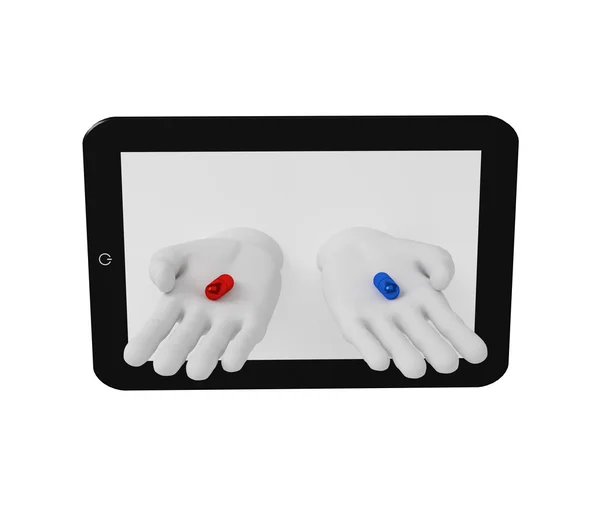 3d white human hands holding red and blue pills of the screen la — Stock Photo, Image