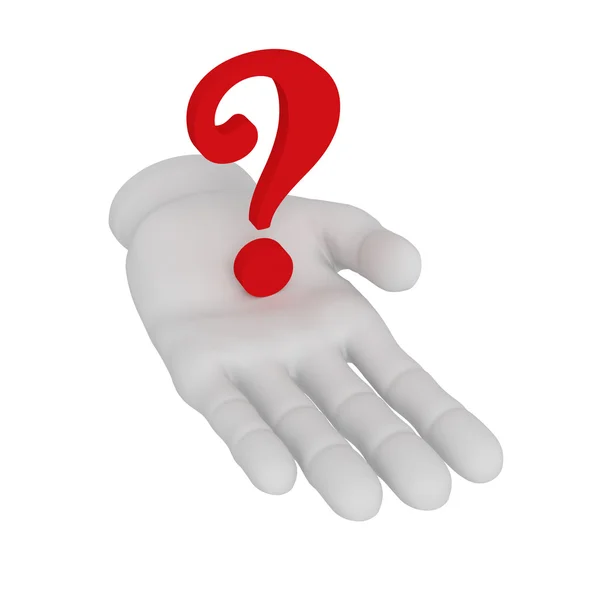 3d blanco mano abierta humana tiene signo de interrogación. Fondo blanco . — Foto de Stock