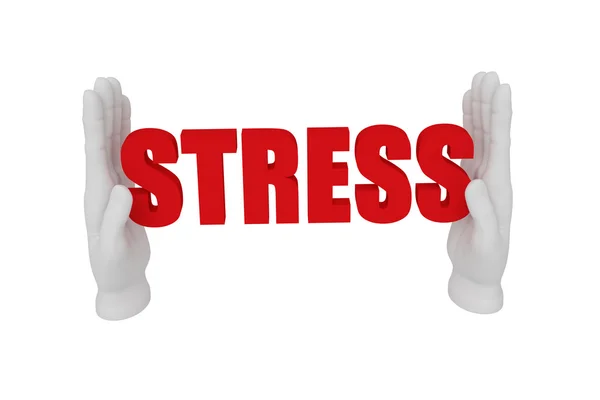 3d white human open hand holds a word stress. White background. — Stock Photo, Image