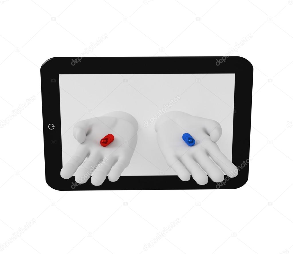 3d white human hands holding red and blue pills of the screen la