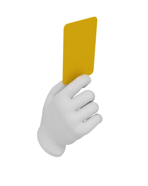 3d white human open hand holds a yellow card. White background. — Stock Photo, Image