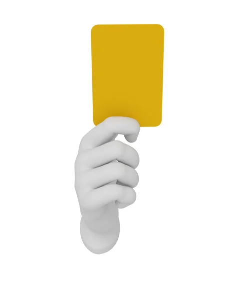 3d белый человек с открытой рукой держит желтую карточку. Белый фон . — стоковое фото