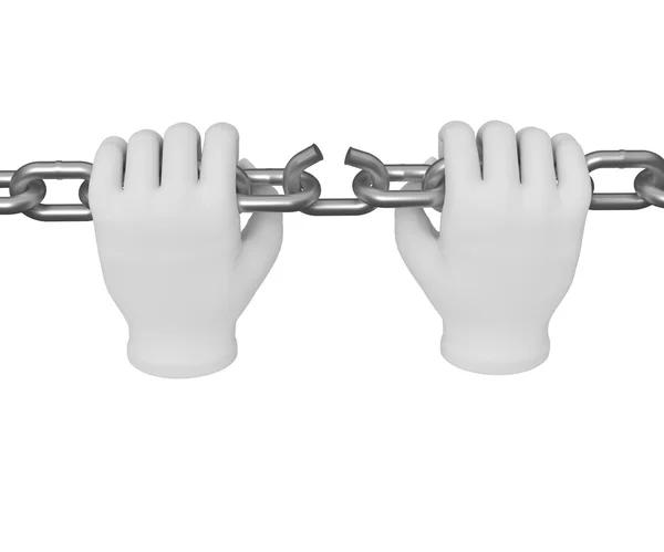 3D bílé lidská ruka rozbije řetěz 3d. Bílé pozadí. — Stock fotografie