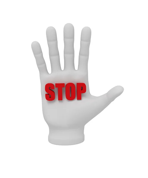 3D weiße menschliche Hand, die das Wort Stop hält 3d. weißer Hintergrund. — Stockfoto