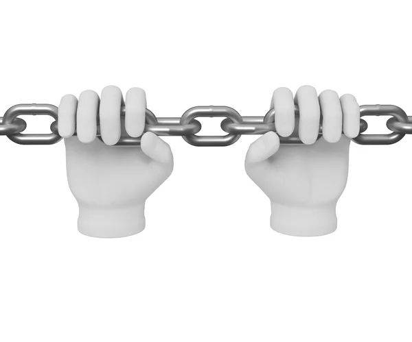 3d white human hand grasps the chain 3d. White background. — Stock Photo, Image