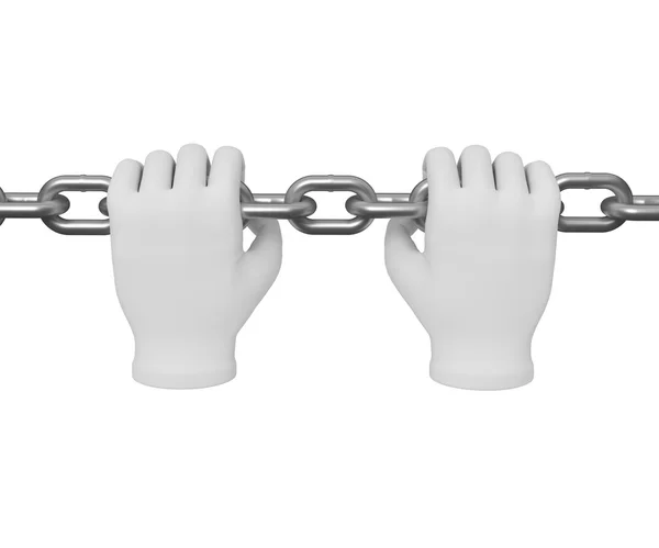 3d mano umana bianca afferra la catena 3d. Fondo bianco . — Foto Stock