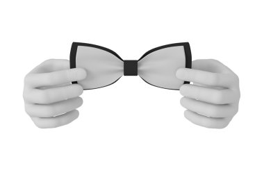 3d white human hand straightens bow tie . White background. clipart