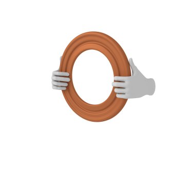 Kahverengi daire resim çerçevesi holding iki eller. 3D. göl kenarında.