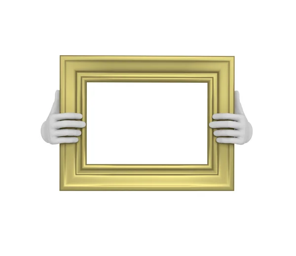 Two hands holding a gold rectangular picture frame. 3d. Isolated — Stock Photo, Image