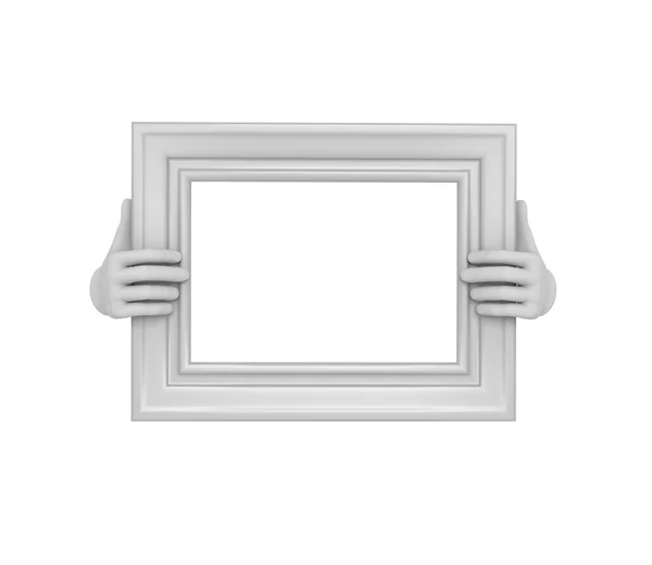Δύο χέρια που κρατούν ένα λευκό ορθογώνιο πλαίσιο εικόνας. 3D. απομόνωση — Φωτογραφία Αρχείου
