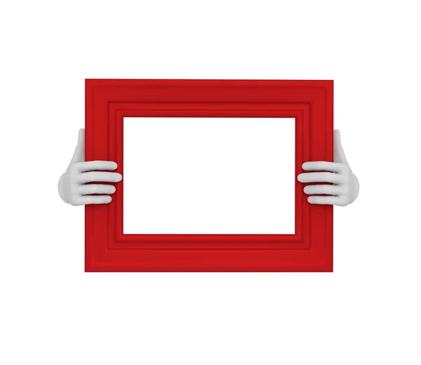 Two hands holding a red rectangular picture frame. 3d. Isolated. — Stock Photo, Image