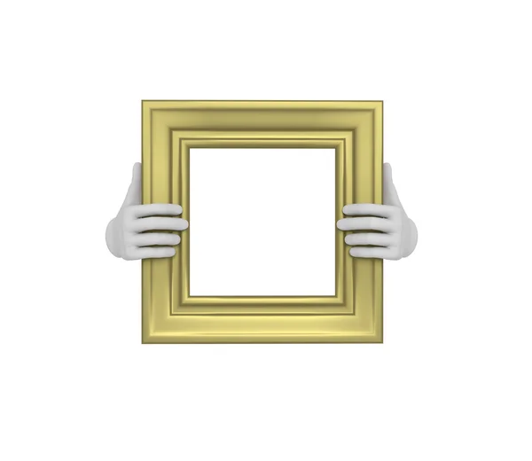 Two hands holding a gold square picture frame. 3d. Isolated. — Stock Photo, Image