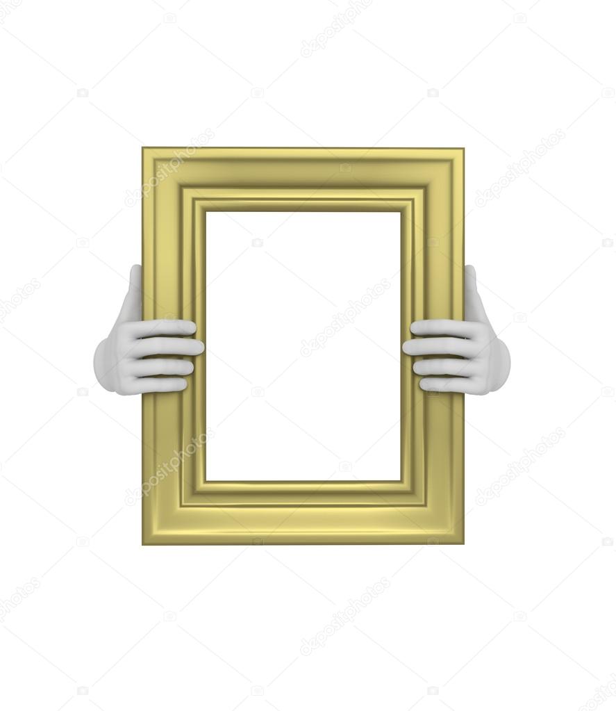Two hands holding a gold rectangular picture frame. 3d. Isolated