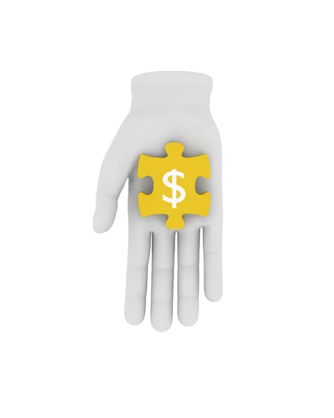 3d mano umana bianca tiene puzzle giallo con simbolo. Illustrazione 3D — Foto Stock