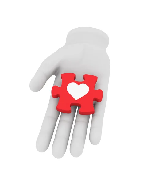 3d white human hand holds red puzzle with symbol. 3D illustratio — Stock Photo, Image