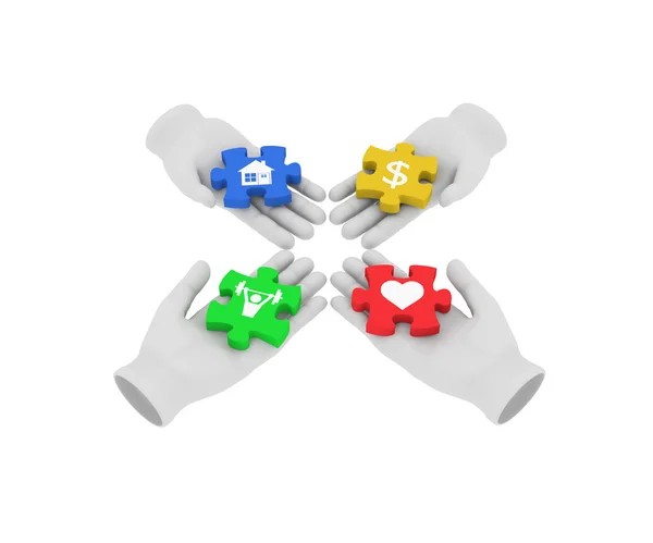 3d white human hand connecting colored puzzles with symbols. 3D — Stock Photo, Image