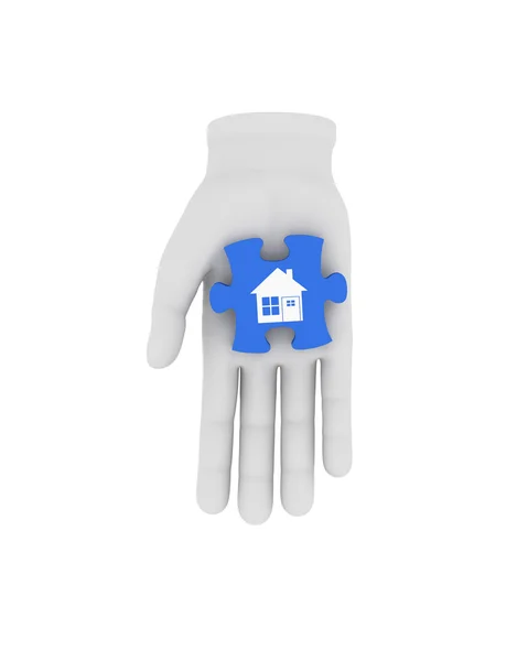 3D vit mänsklig hand håller blå pussel med symbol. 3D illustrati — Stockfoto