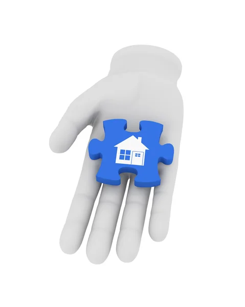 3d mão humana branca detém quebra-cabeça azul com símbolo. Ilustração 3D — Fotografia de Stock