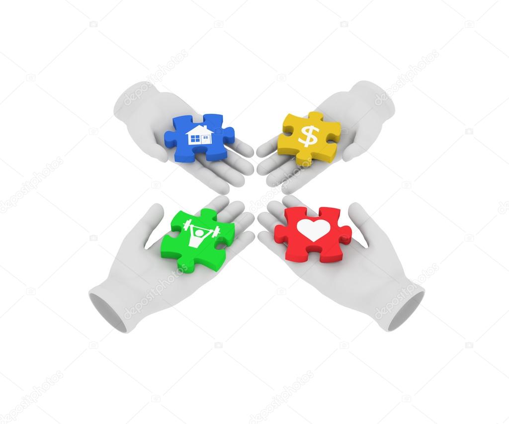 3d white human hand connecting colored puzzles with symbols. 3D 