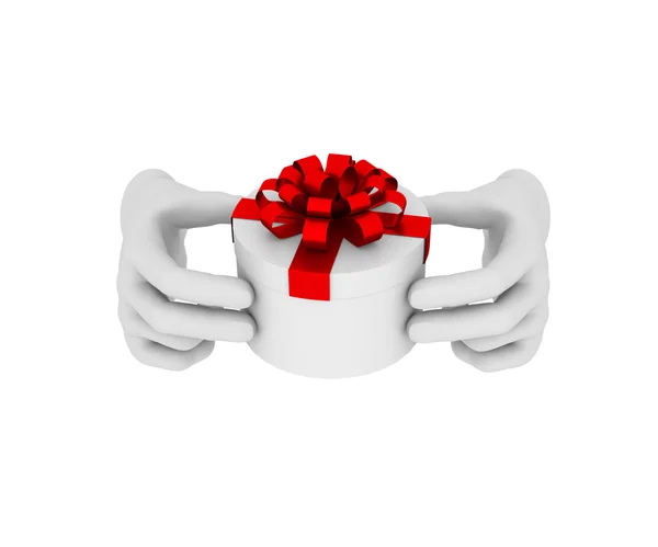 3d mano humana blanca sostiene caja de regalo blanca. Ilustración 3D. Whit. —  Fotos de Stock