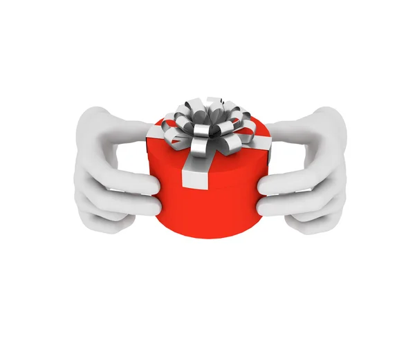 3D beyaz insan eli kırmızı hediye kutusu tutar. illüstrasyon. Beyaz — Stok fotoğraf