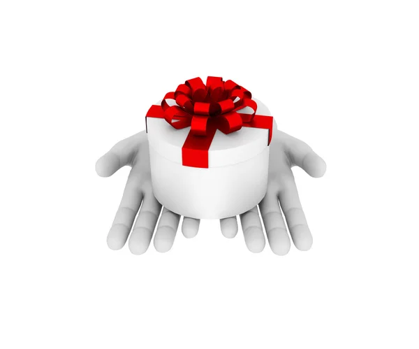 3d mano umana bianca tiene scatola regalo bianca. Illustrazione 3D. Whit — Foto Stock
