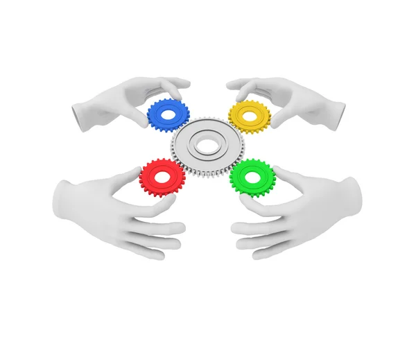 3d mão humana branca detém engrenagem colorida (cog). Ilustração 3D  . — Fotografia de Stock
