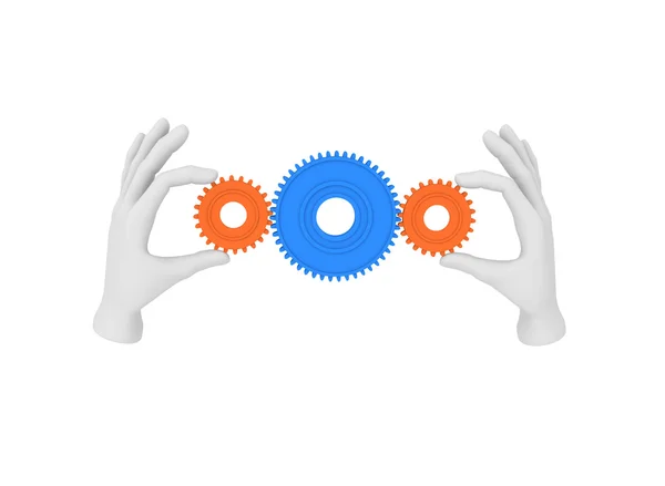 3d white human hand holds gear (cog). 3D illustration . White ba — Stock Photo, Image