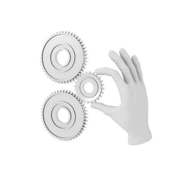 3d mão humana branca prende engrenagem (cog). Ilustração 3D. Branco ba — Fotografia de Stock