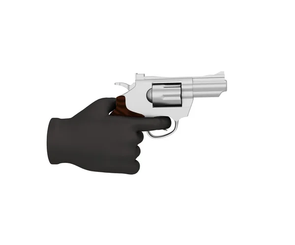 Mano en un guante negro sosteniendo un revólver. 3D render. Respaldo blanco —  Fotos de Stock