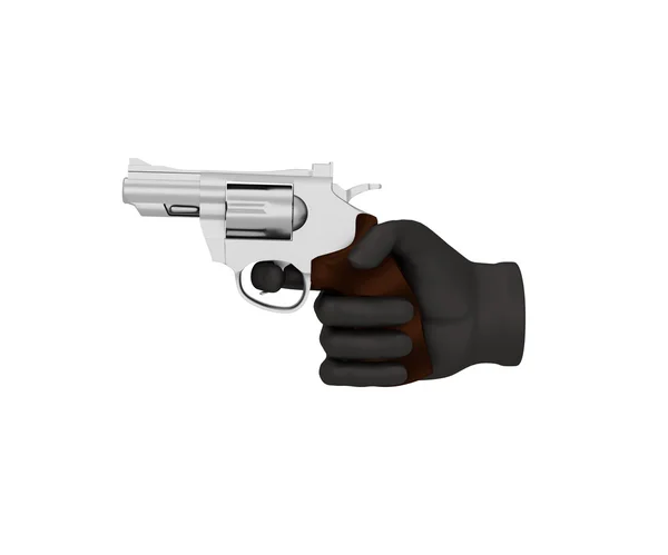 Main dans un gant noir tenant un revolver. 3d rendu. Arrière blanc — Photo