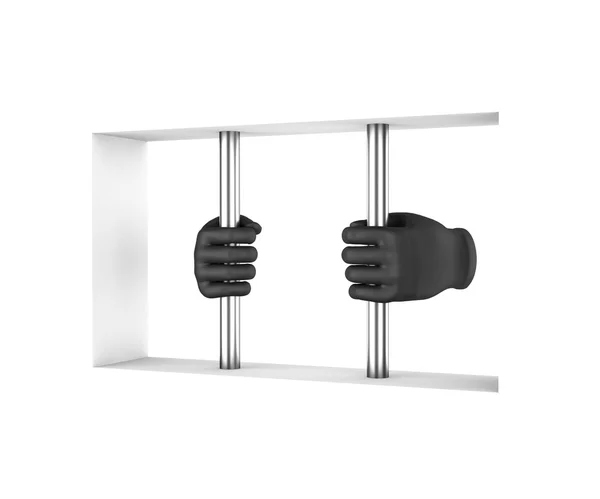 Hands in black gloves decompress the prison bars. 3d render. Whi — Stockfoto
