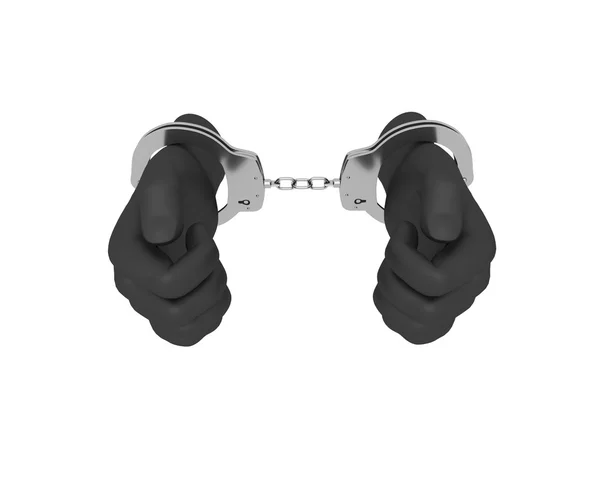 Black hands in steel handcuffs. 3d render. White background. — 스톡 사진