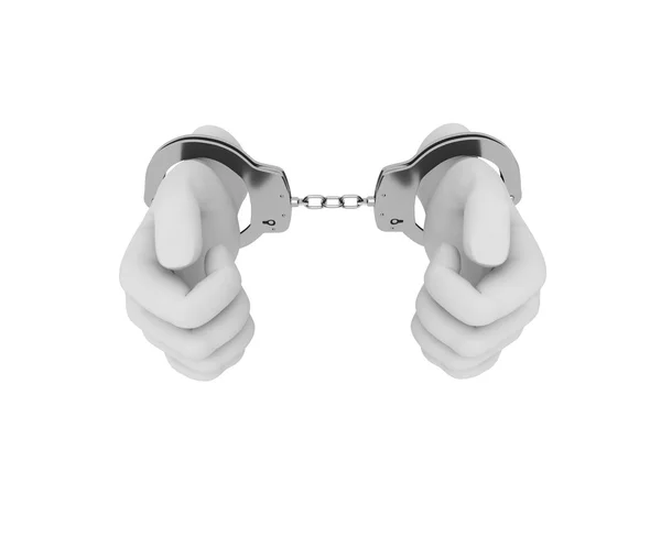 White hands in steel handcuffs. 3d render. White background. — 스톡 사진