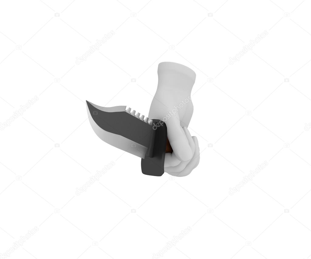 Hand in a white glove holding a knife. 3d render. White backgrou