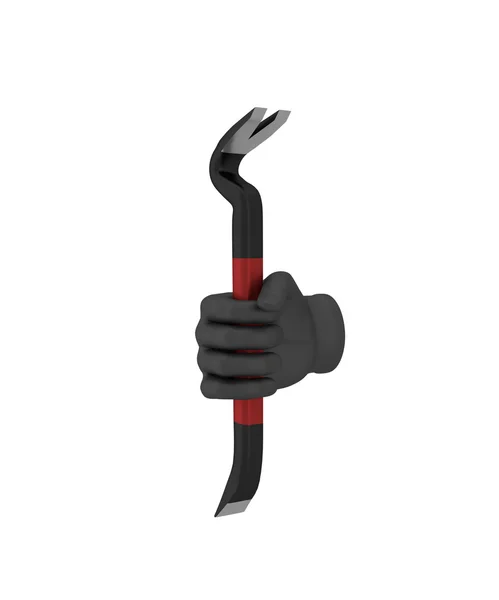 Hand in a black glove holding a crowbar. 3d render. White backgr — Zdjęcie stockowe