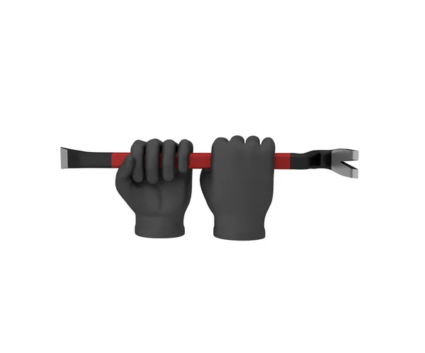 Hands in a black gloves holding a crowbar. 3d render. White back — Zdjęcie stockowe