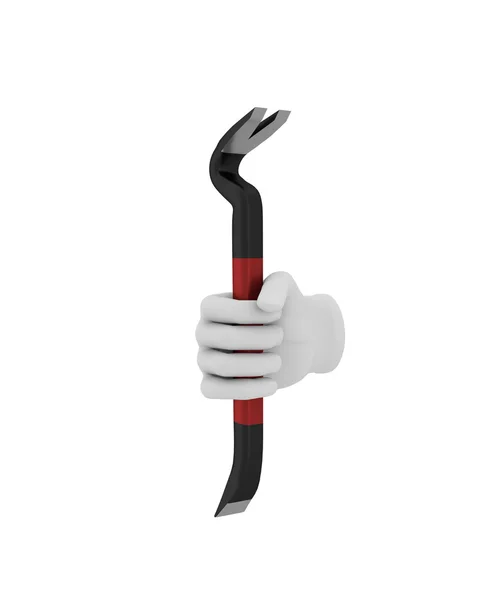 Hand in a white glove holding a crowbar. 3d render. White backgr — Stock Photo, Image