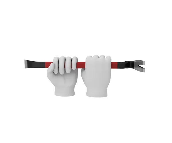 Hands in a white gloves holding a crowbar. 3d render. White back — Stock fotografie