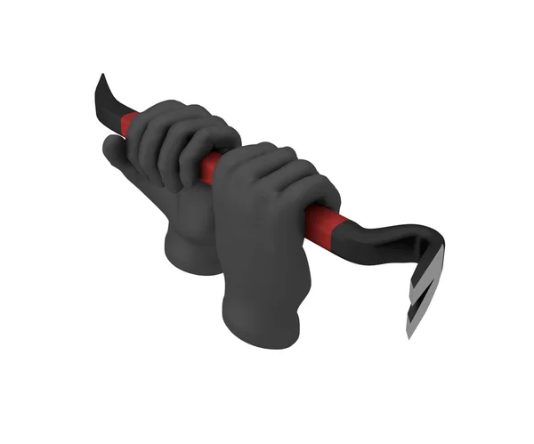 Hände in schwarzen Handschuhen mit einem Brecheisen in der Hand. 3D-Darstellung. weiße Rückseite — Stockfoto